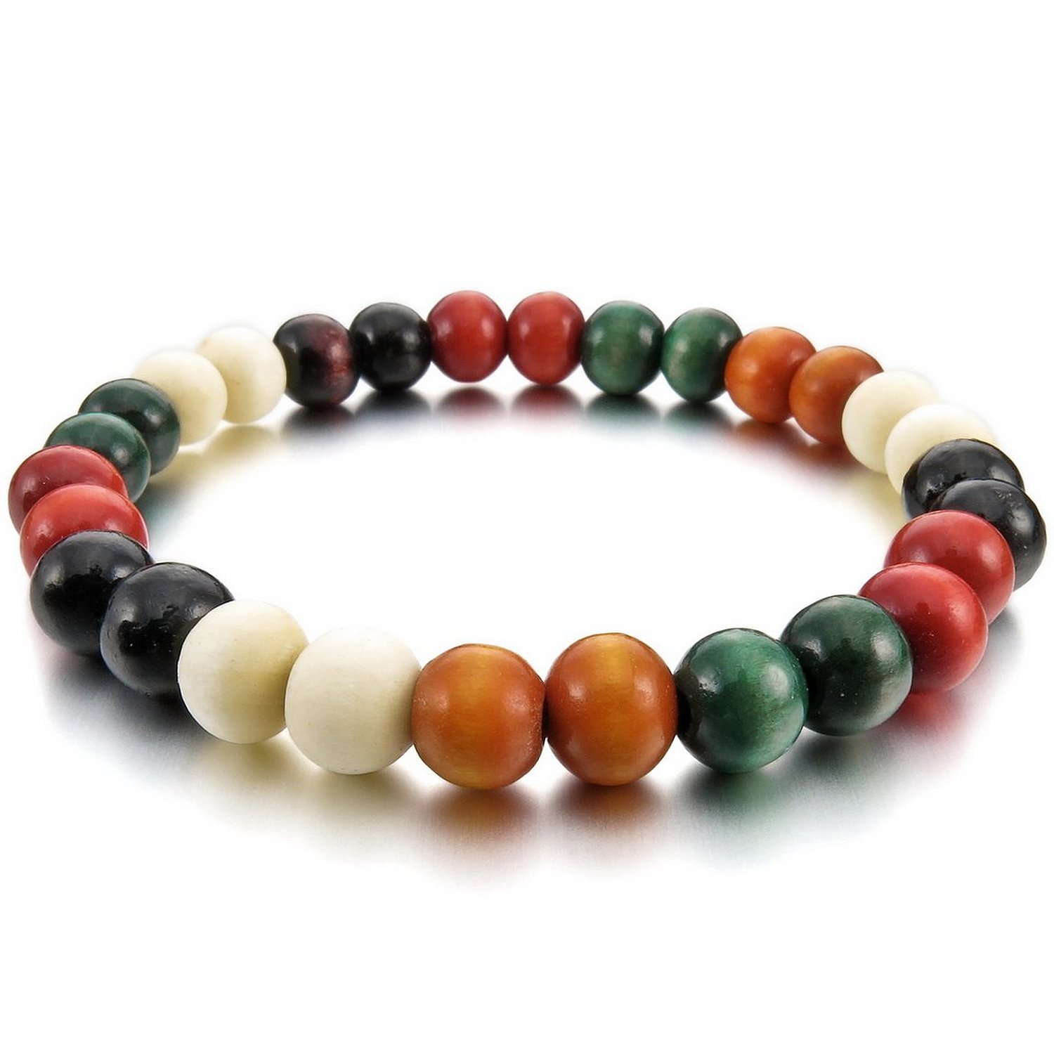 Bracelet bohème perles en bois blanc, marron, rouge et vert