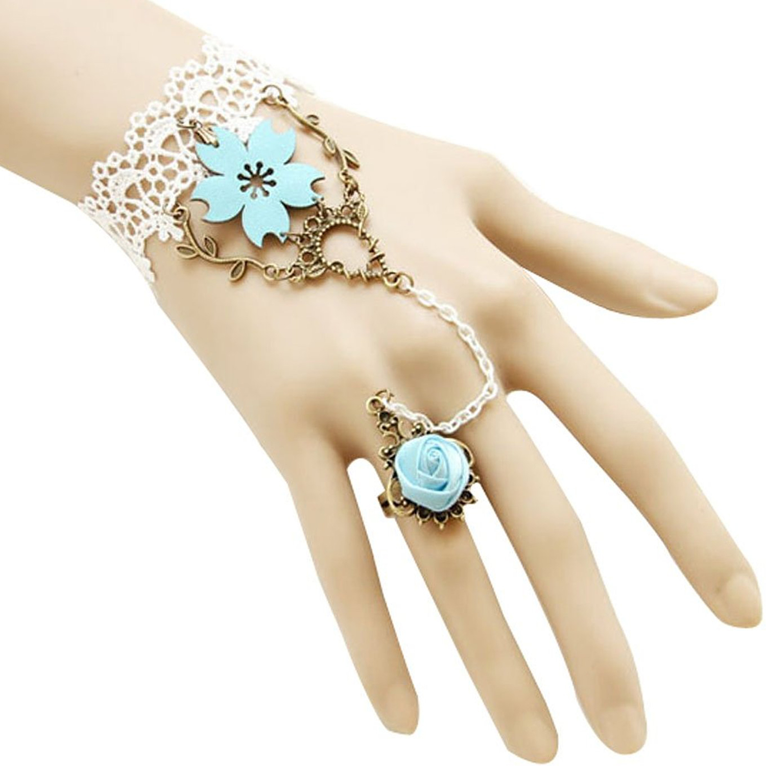 Parure de Main en Dentelle Blanche Bague Rose Bleue