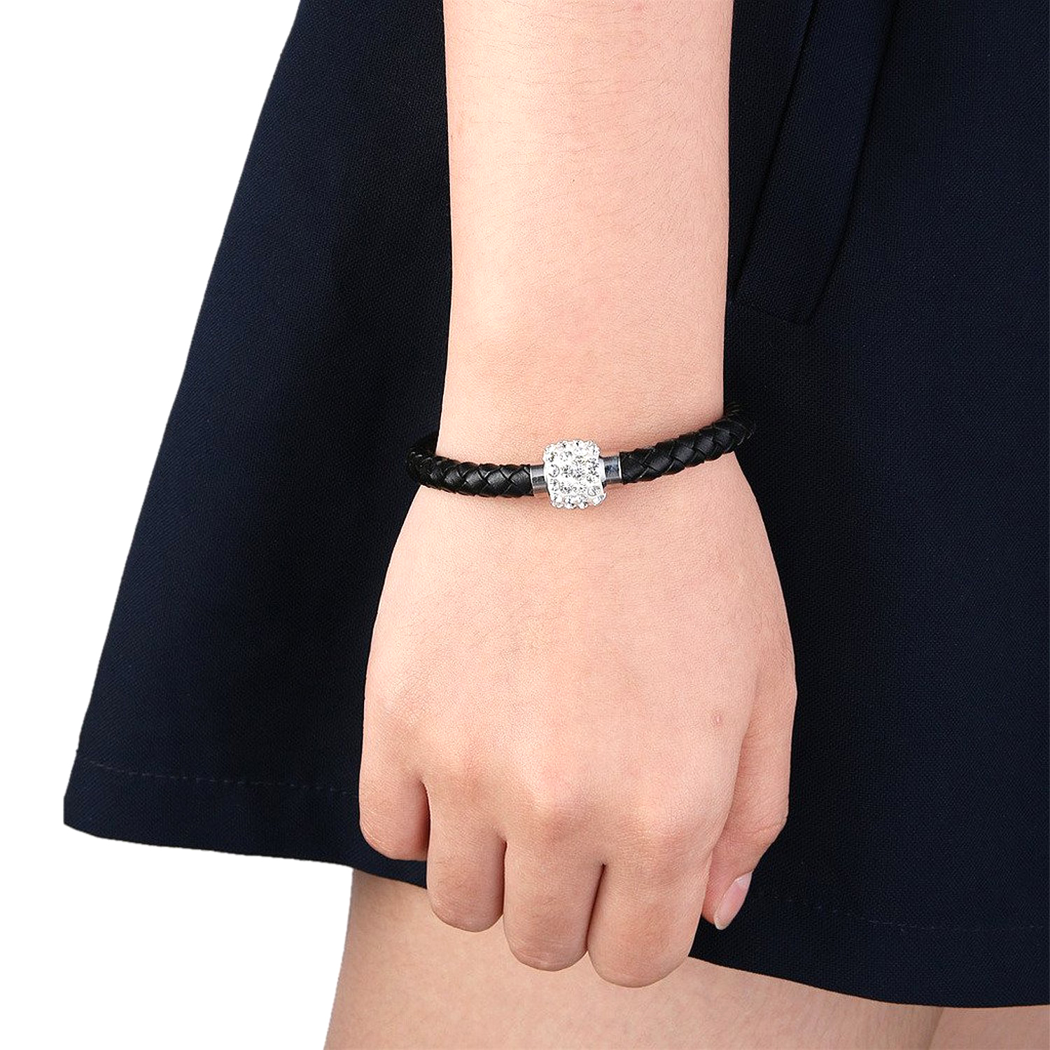 Bracelet Cuir PU Noir Tressé Drop Zirconium Cubique 4