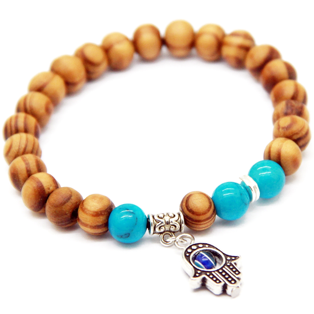 Bracelet Bois et Pierre Howlite Bleu Main de Fatma