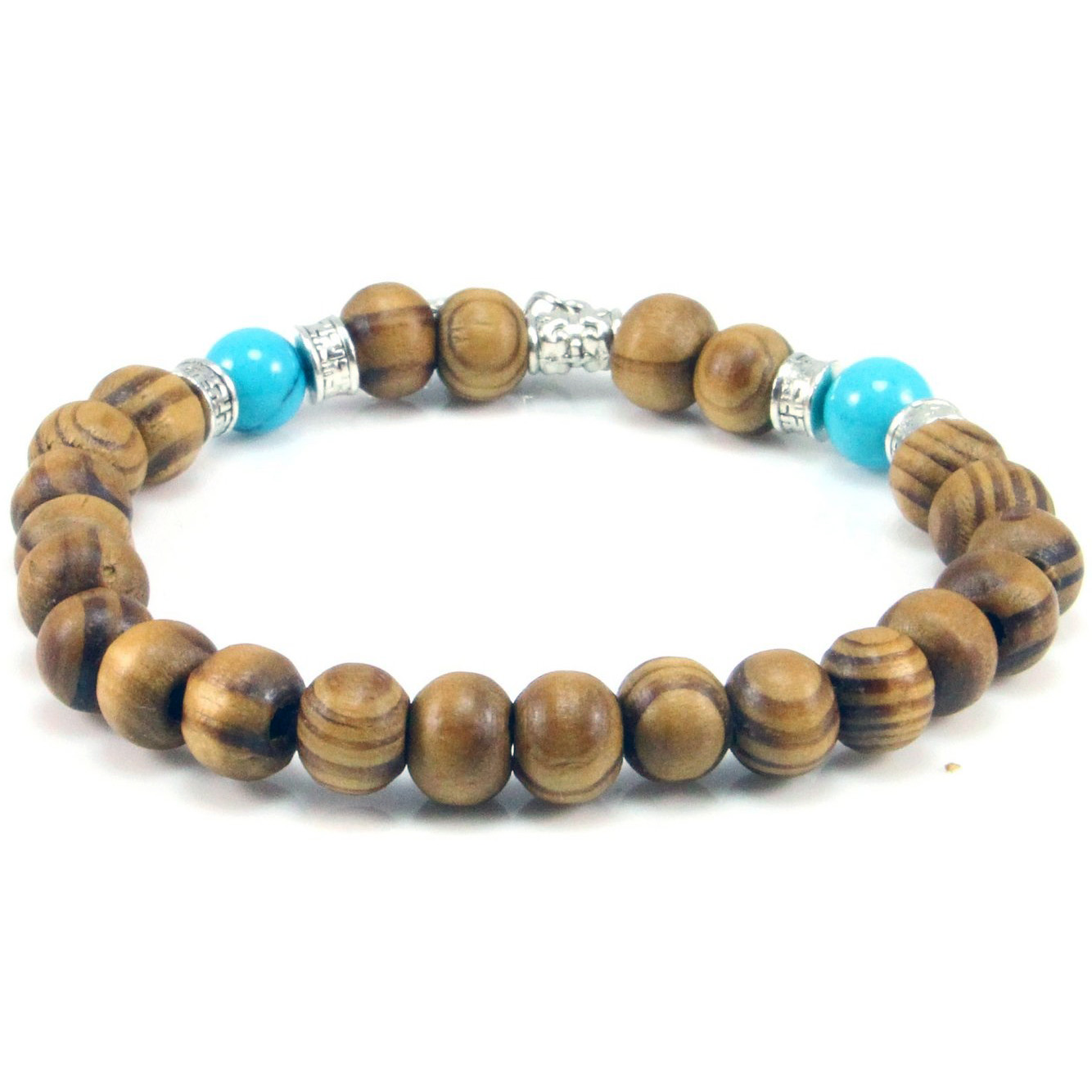 Bracelet Bois et Pierre Howlite Bleu Symbole Bouddha Om 2