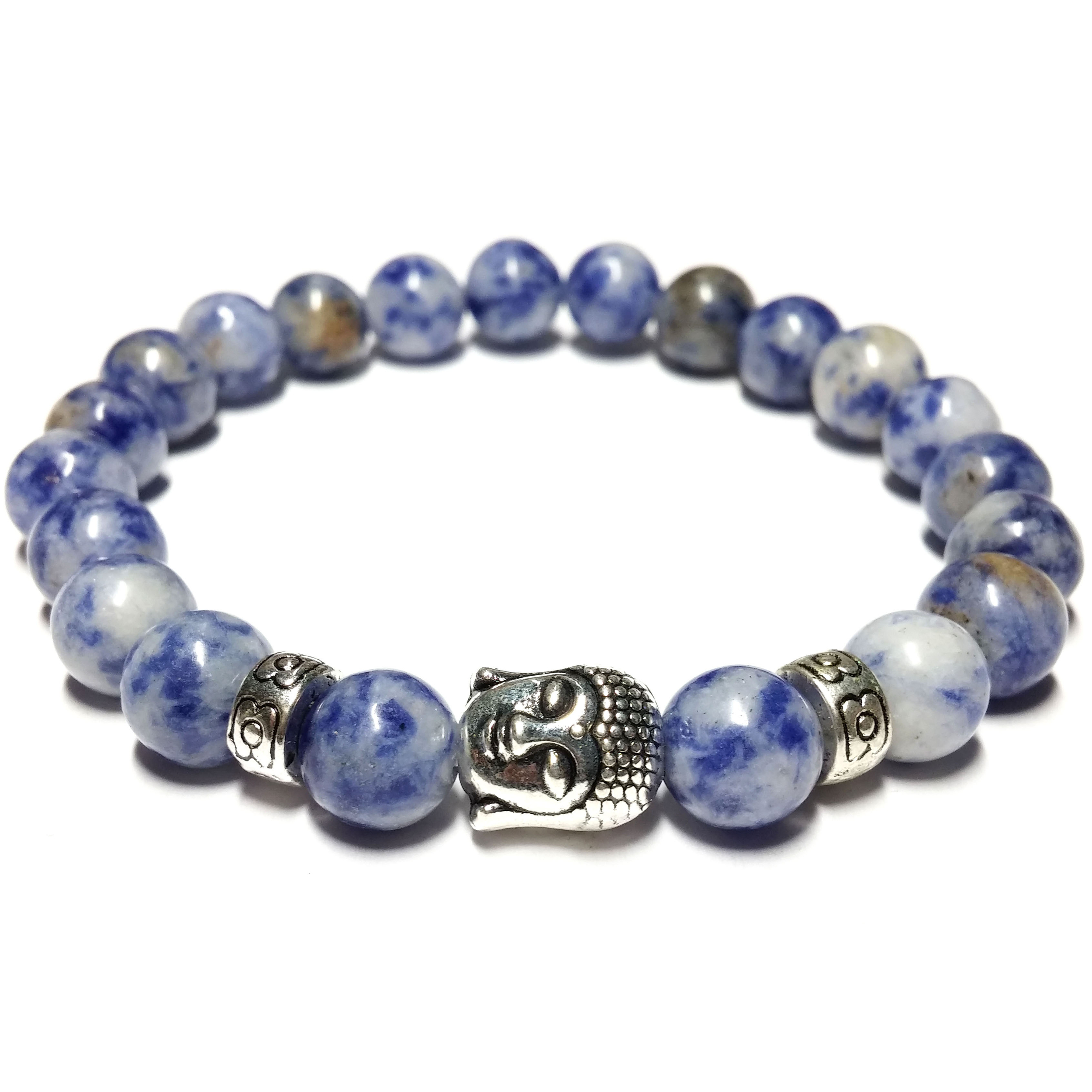 Bracelet Pierre Flocon Neige Bleu et Gris Tête de Bouddha 2