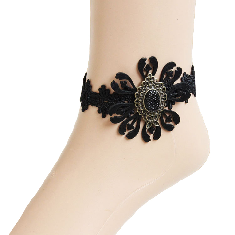 Parure de Cheville Dentelle Noire Fleur Zirconium Cubique Noire