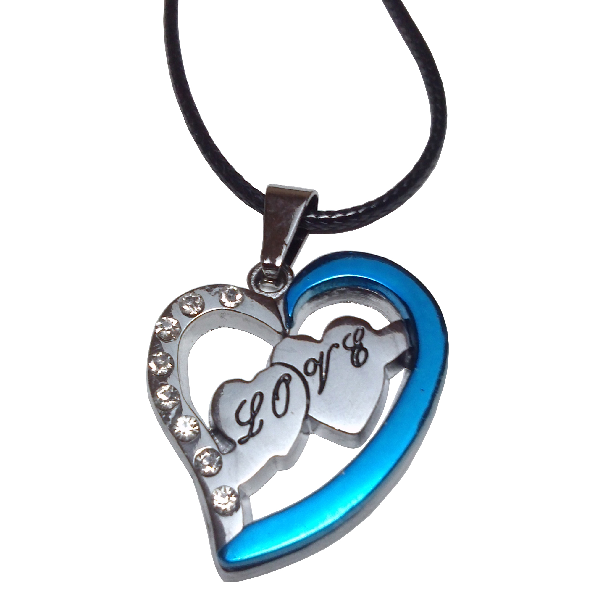 Collier Pendentif Acier Inoxydable Coeur Love Bleu Cubic Zirconia
