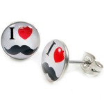 Boucles d'Oreille Clous Acier Inoxydable blanc I Love Moustache coeur rouge 1