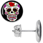 Boucles doreille clous acier inoxydable tête de mort mexicaine fleur rose rouge 2