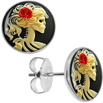 Boucles d'Oreille Clous Camée Tête de Mort Acier Inoxydable skull mexicain femme fleur rose rouge 1