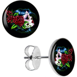 Clous d'Oreille Tête de Mort La Catrina Fleur Rose Rouge en Acier Inoxydable Skull Crane Femme Mexicaine