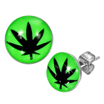 Boucles d'Oreille Clous Vert Fluo Feuille de Cannabis Acier Inoxydable rasta