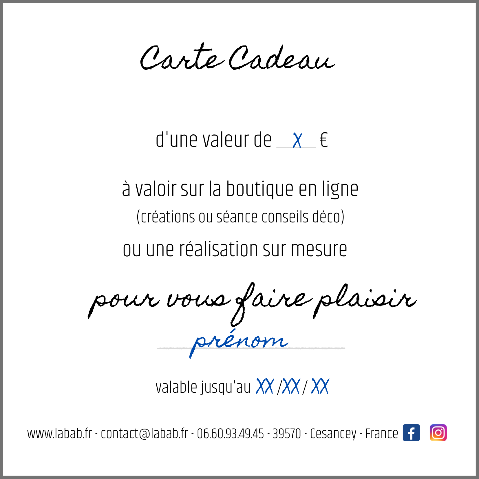 Dos carte cadeau LABAB: montant, prénom, date de validité