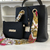 sac seau cuir noir avec foulard upcyclé en lien plus pochette et lien attache clé