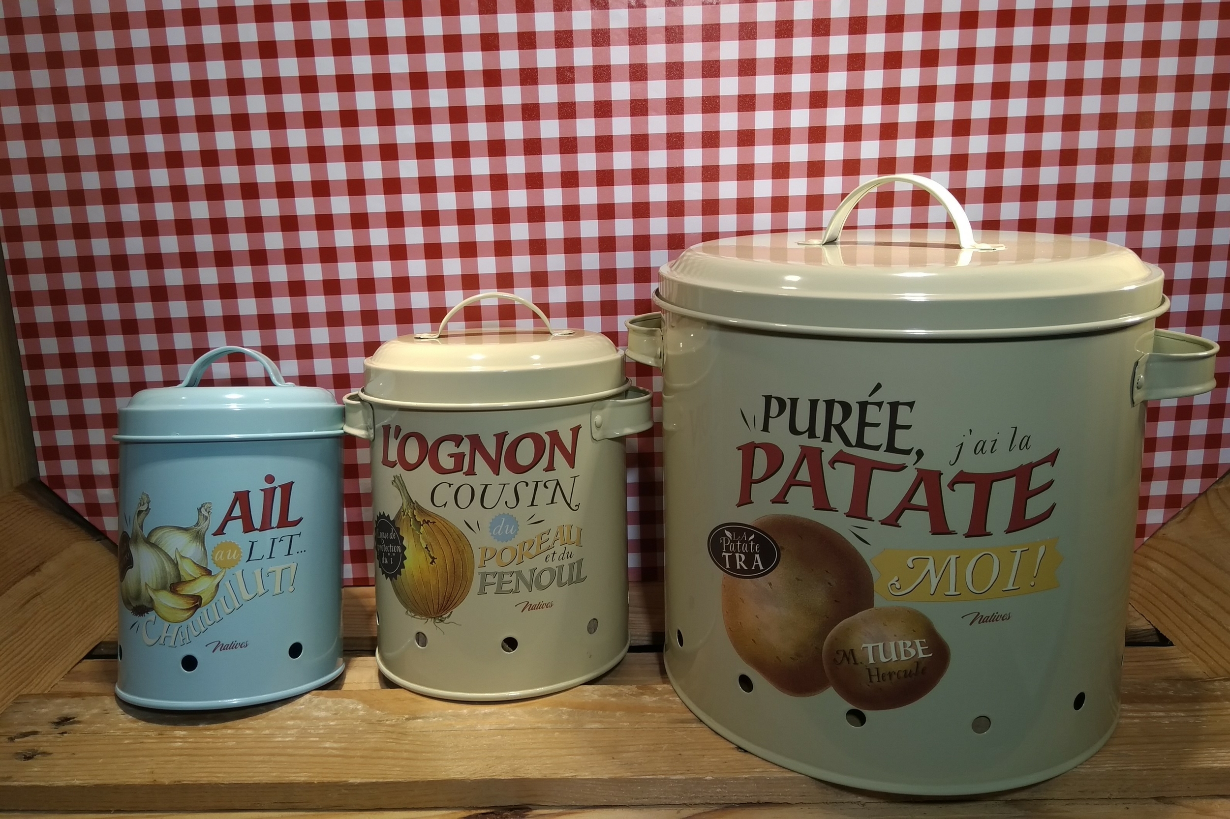 lot de 3 pots émaillés oignons ail patate rétro vintage