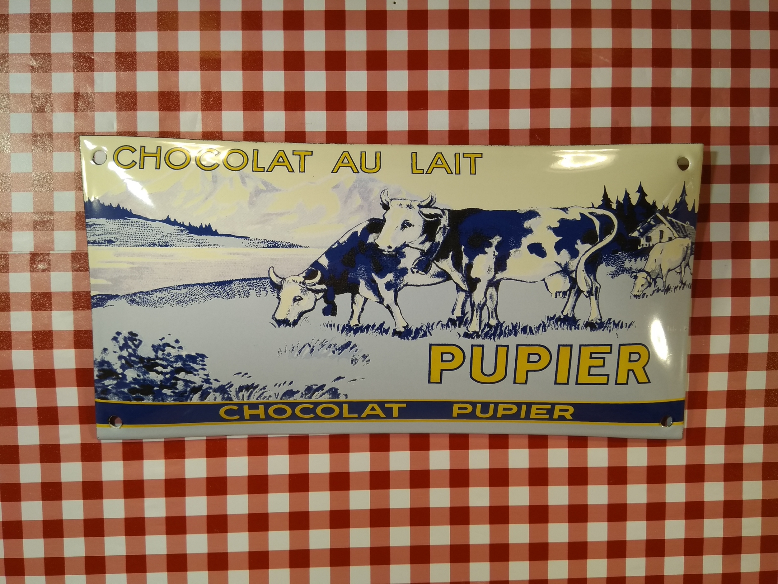 plaque émaillée publicitaire chocolat pupier