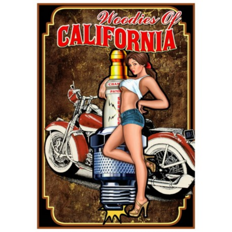plaque-metal-woodies-of-california-pin-up-moto-bougie