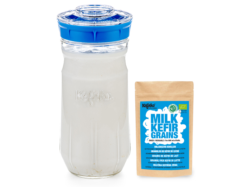 KIT DE DEMARRAGE KEFIR DE LAIT : bocal 1.4l et 1 sachet souche kéfir de lait Bio - BLEU - KEFIRKO