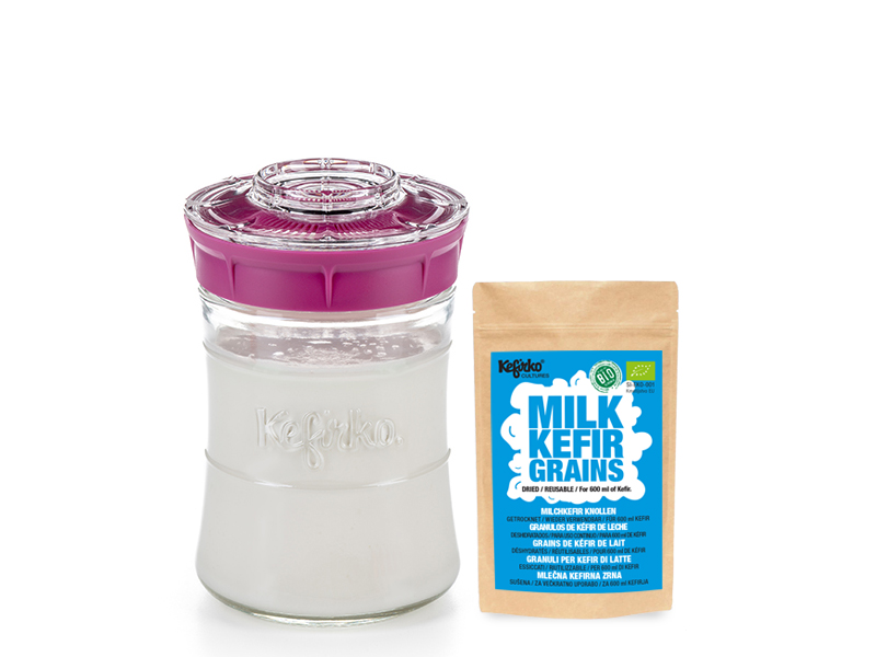 KIT DE DEMARRAGE KEFIR DE LAIT : bocal en verre 848ml et  1 sachet souche kéfir de lait Bio - ROSE - KEFIRKO