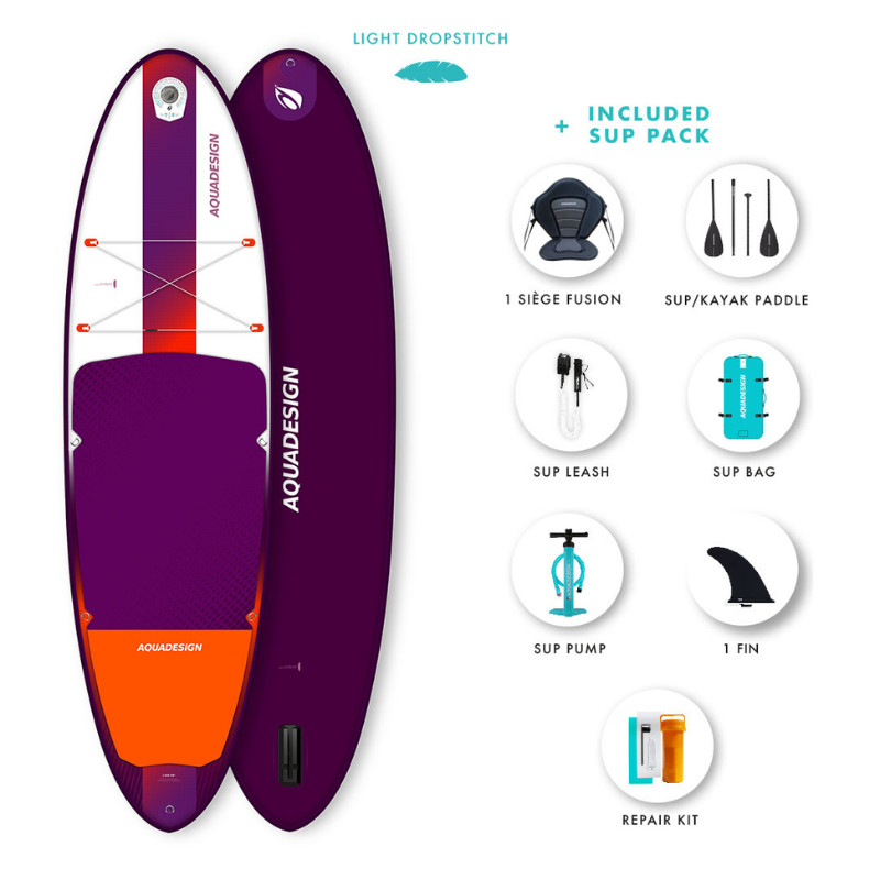 PLANCHE DE STAND UP PADDLE (SUP) GONFLABLE AQUADESIGN LAVA 9’8″ PACK COMBO
