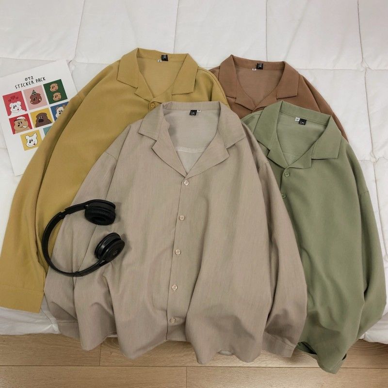 Chemise-hawa-enne-manches-longues-pour-hommes-manteau-6-couleurs-col-de-costume-ample-Streetwear-la