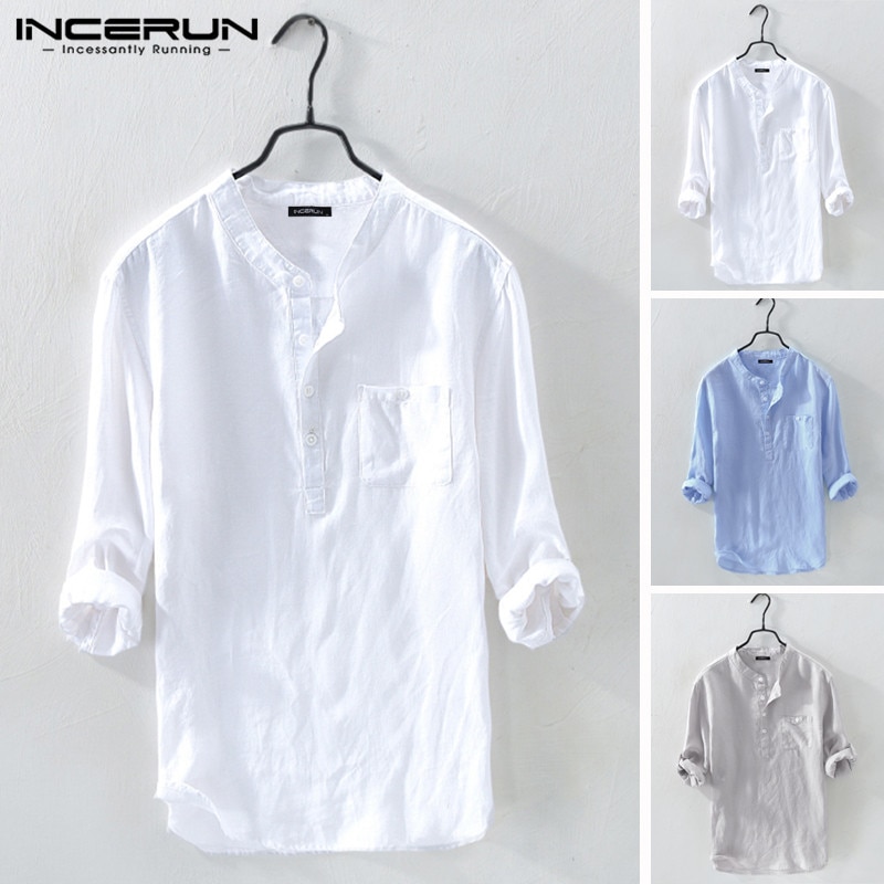 INCERUN-chemise-manches-3-4-en-coton-pour-homme-haut-de-marque-Vintage-couleur-unie-Streetwear