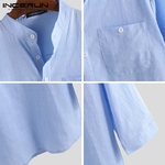 INCERUN-chemise-manches-3-4-en-coton-pour-homme-haut-de-marque-Vintage-couleur-unie-Streetwear