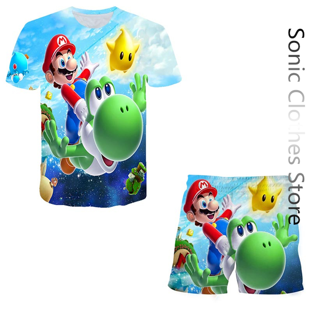 T-shirt-manches-courtes-Super-Mario-Bros-pour-hommes-ensemble-2-pi-ces-pour-enfants-short