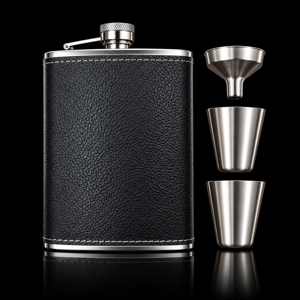flasque-alcool-cuir-noir-fond-noir