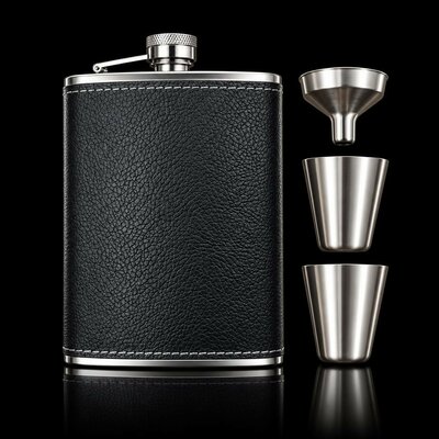 flasque-alcool-cuir-noir-fond-noir