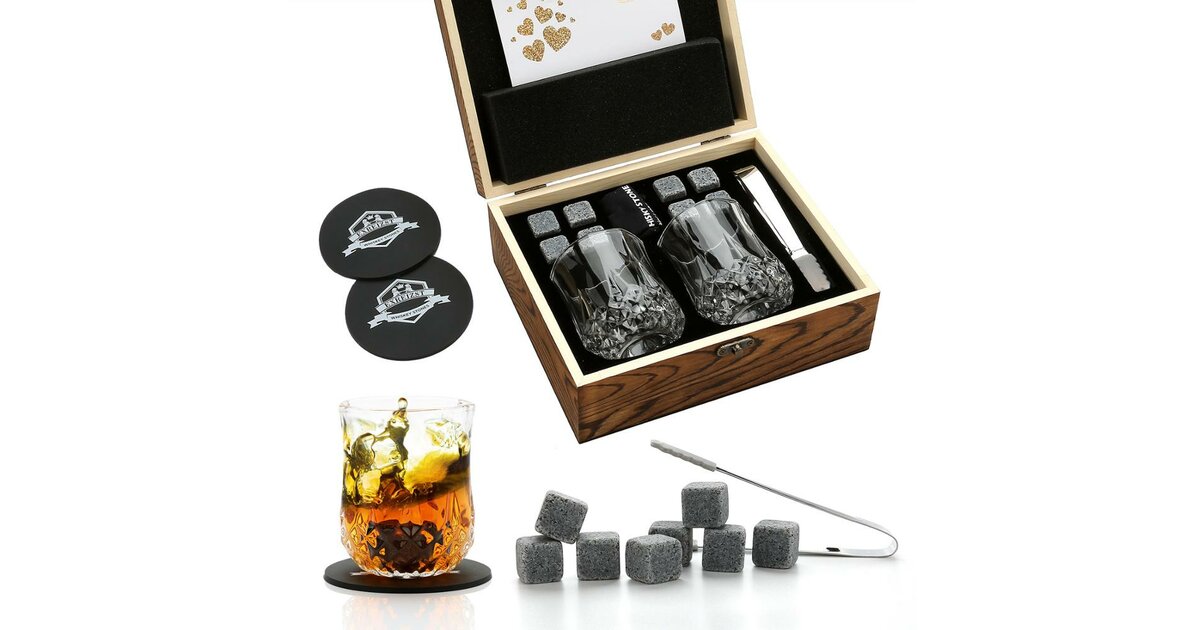 GOURMEO Coffret Pierre à Whiskey en Basalt en Lot de 8 2 Verre 2 sous Verre 1 Pince en Acier Inoxydable