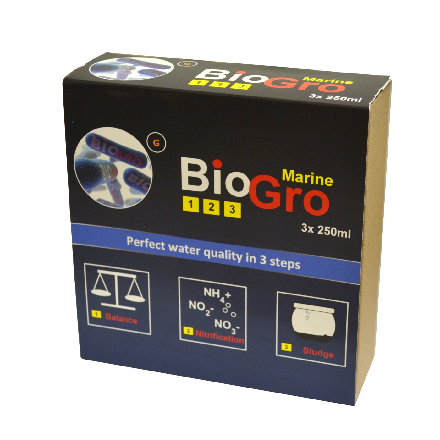 DVH IMPORT BioGro Marine 3 x 250 ml kit complet de réensemencement en bactéries pour aquarium d\'eau de mer