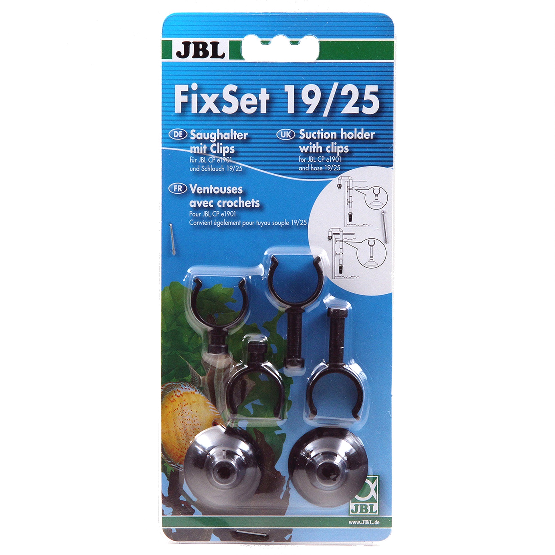 JBL FixSet 19/25 lot de 2 ventouses + 4 crochets pour tuyau de 19/25 mm et filtre externe JBL e1901