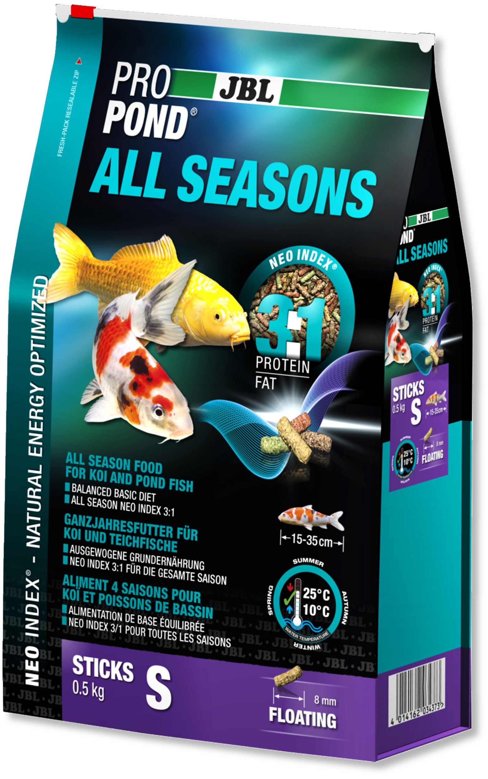 JBL ProPond All Seasons S 0,5 Kg nourriture bâtonnets toutes saisons pour Koïs et autres poissons de bassin de 15 à 35 cm