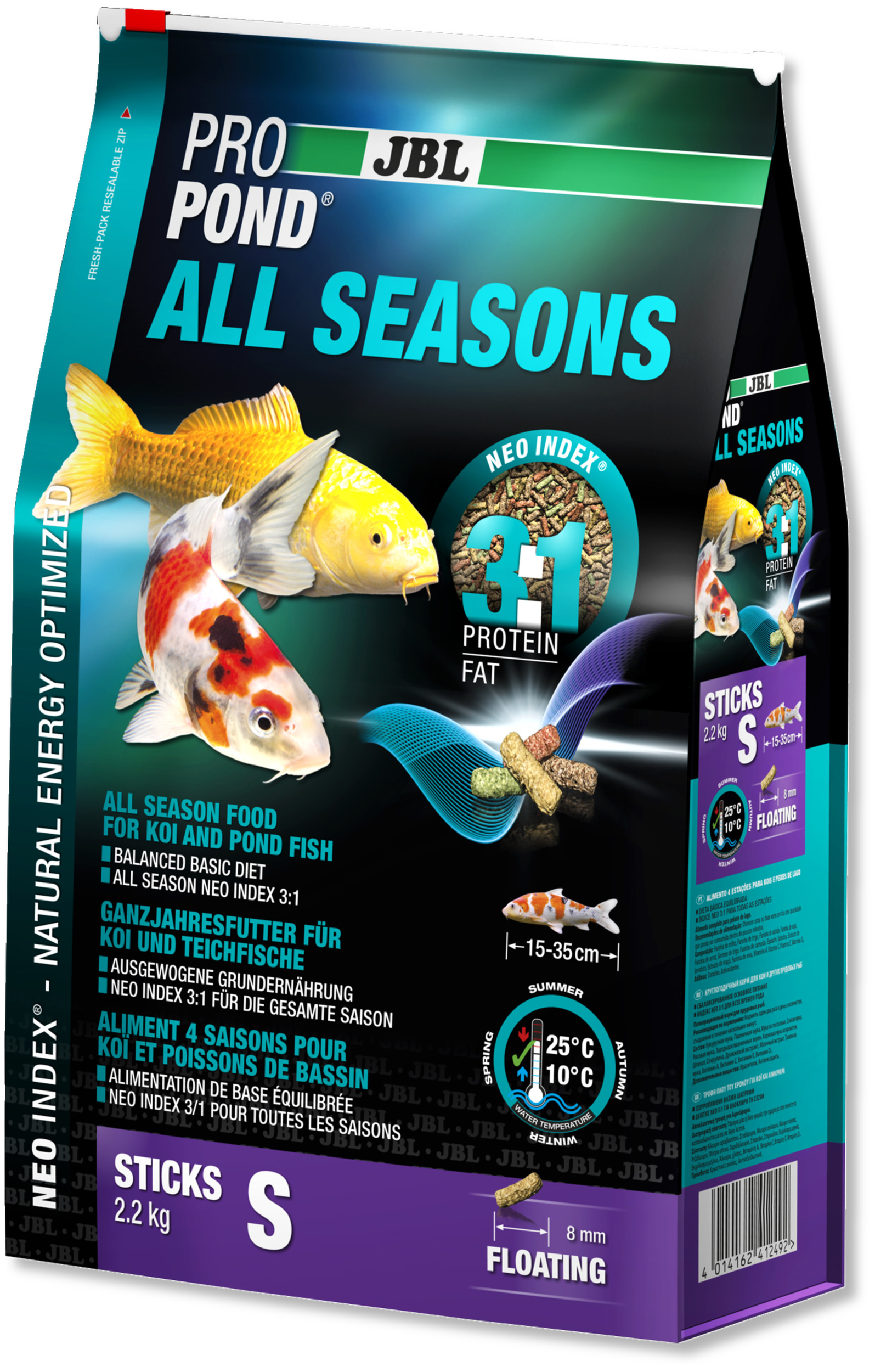 JBL ProPond All Seasons S 2,2 Kg nourriture bâtonnets toutes saisons pour Koïs et autres poissons de bassin de 15 à 35 cm