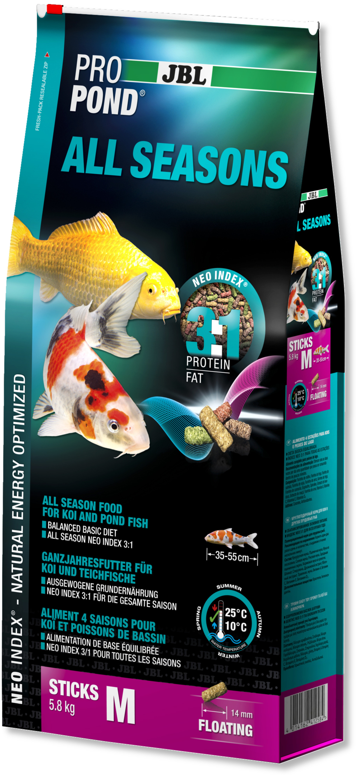 JBL ProPond All Seasons M 5,8 Kg nourriture bâtonnets toutes saisons pour Koïs et autres poissons de bassin de 35 à 55 cm