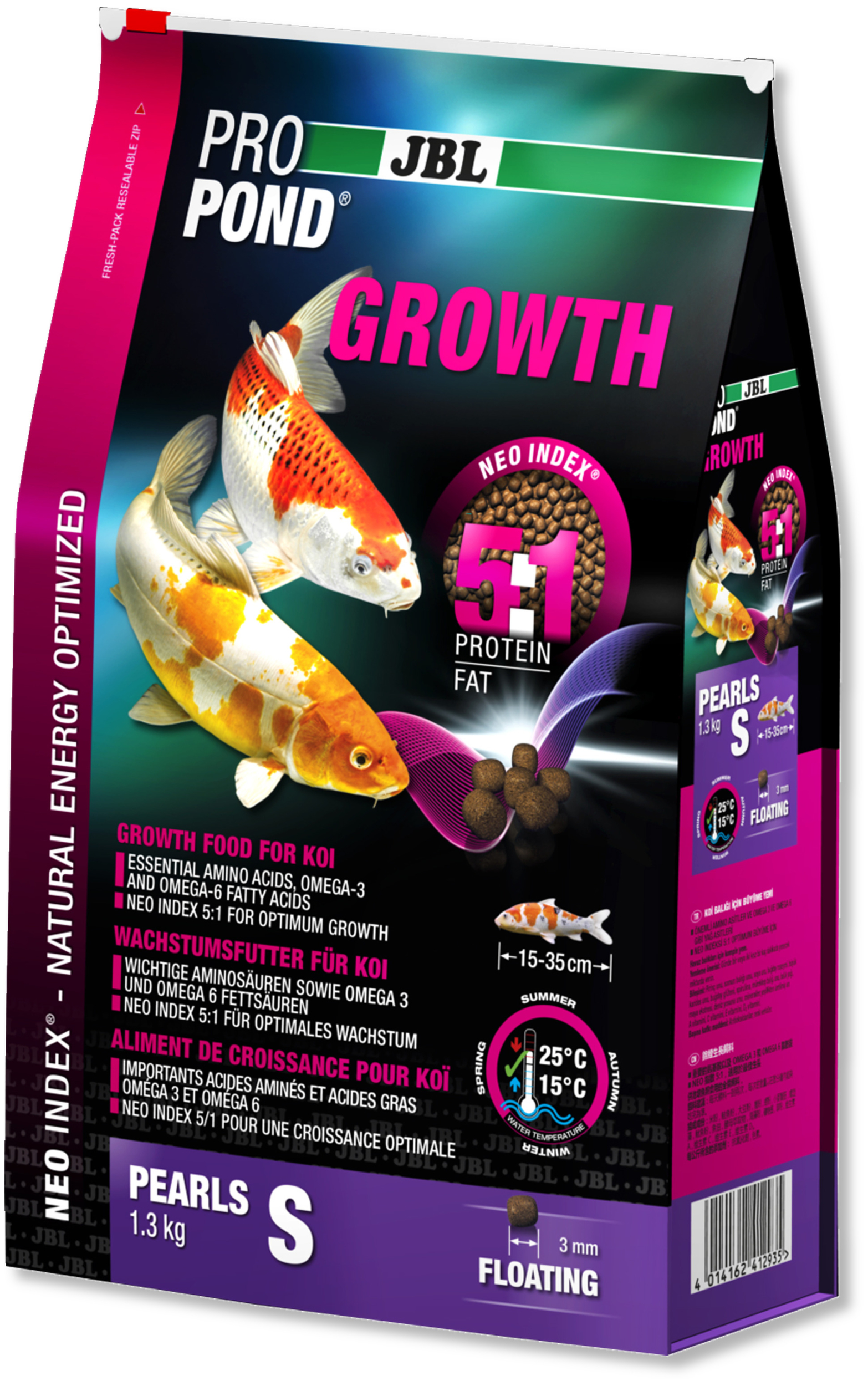 JBL ProPond Growth S 1,3 Kg nourriture Koïs spéciale croissance sous forme de perles pour poissons de 15 à 35 cm