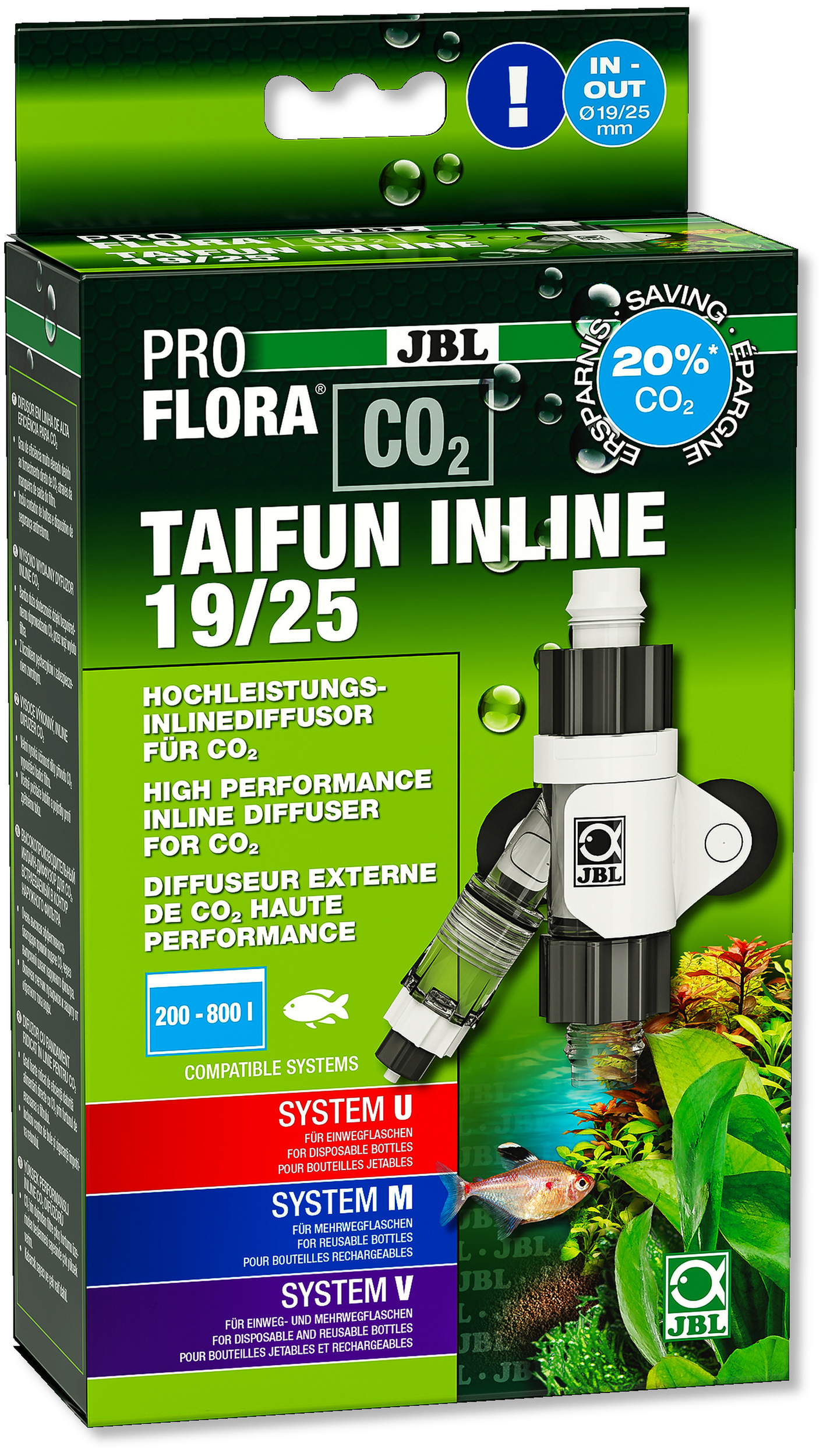 JBL Proflora CO2 Taifun Inline 19/25 diffuseur de CO2 pour filtre externe avec tuyau 19/25 mm pour aquarium de 200 à 800 L