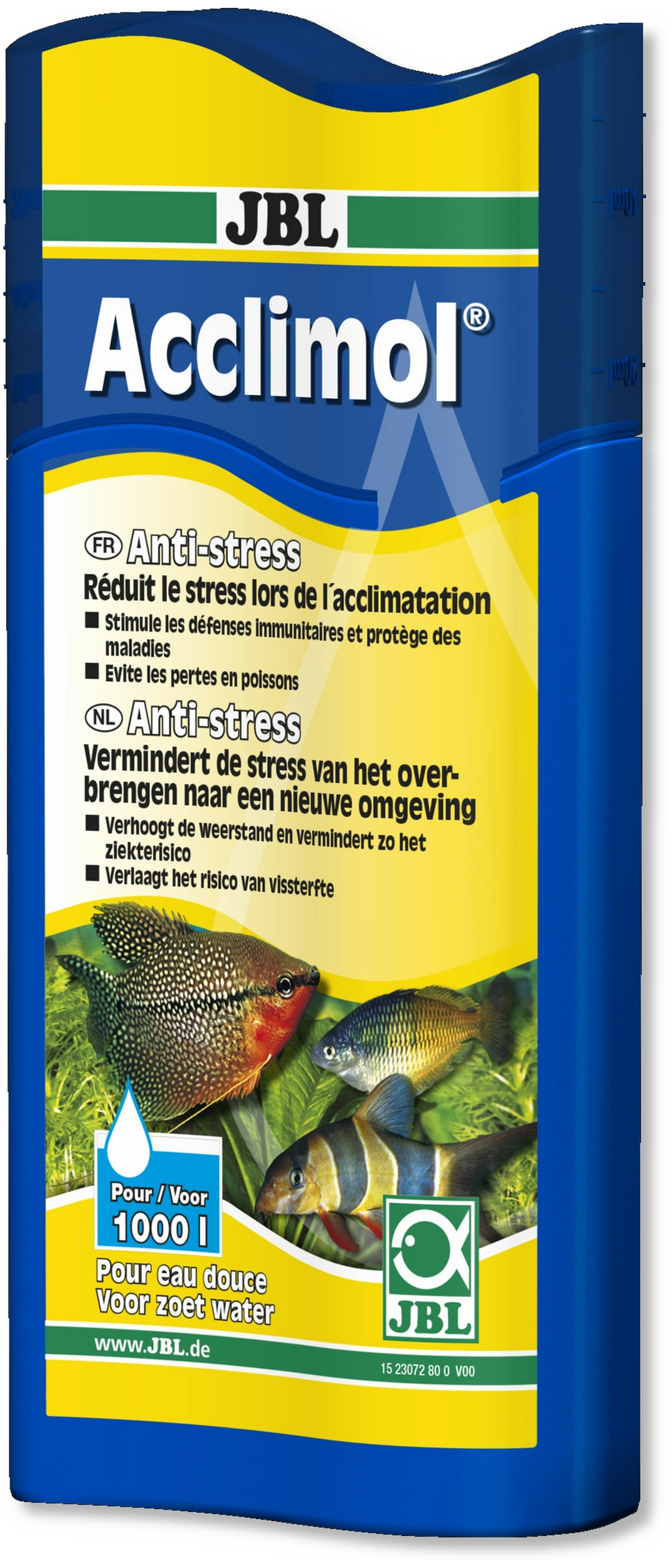 JBL Acclimol 250 ml réducteur de stress pour l\'acclimatation de nouveaux poissons. Traite jusqu\'à 1000 L d\'eau