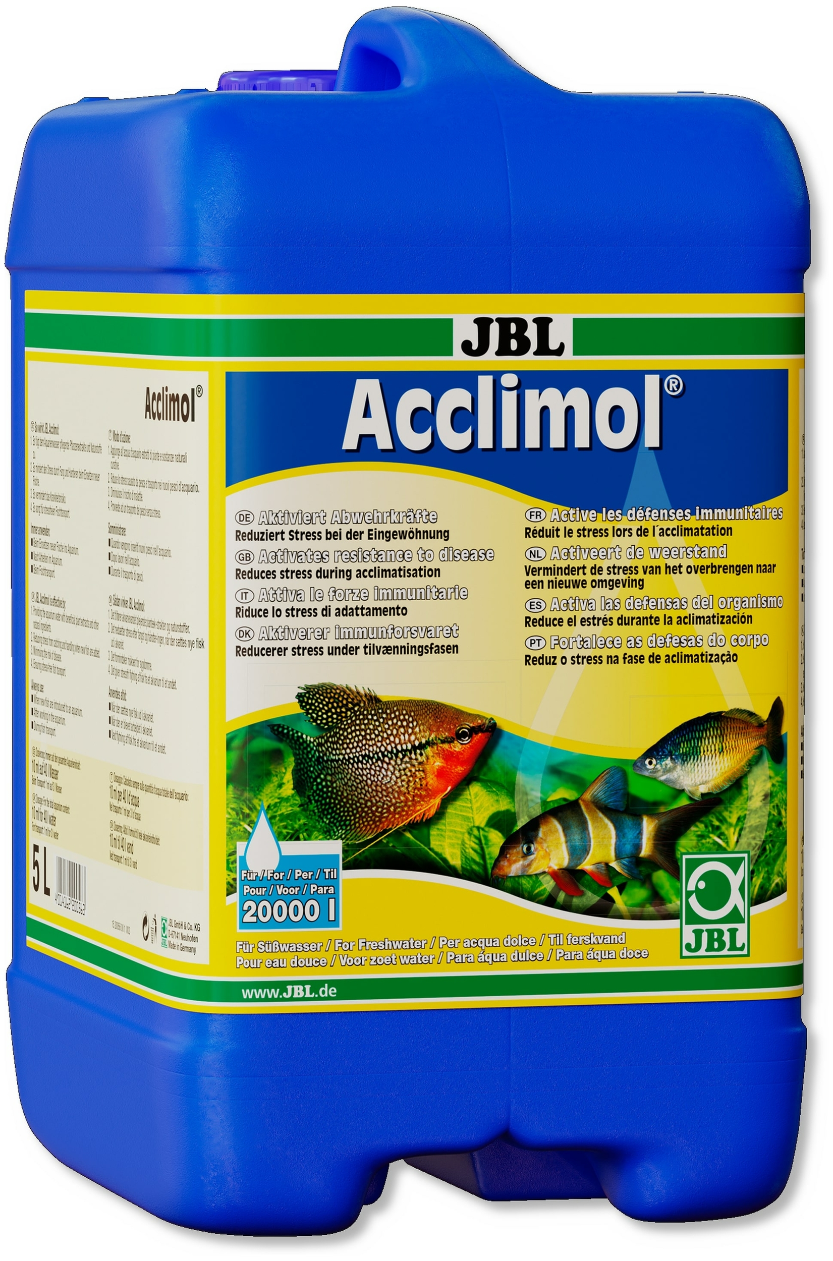 JBL Acclimol 5 L réducteur de stress pour l\'acclimatation de nouveaux poissons. Traite jusqu\'à 20000 L d\'eau