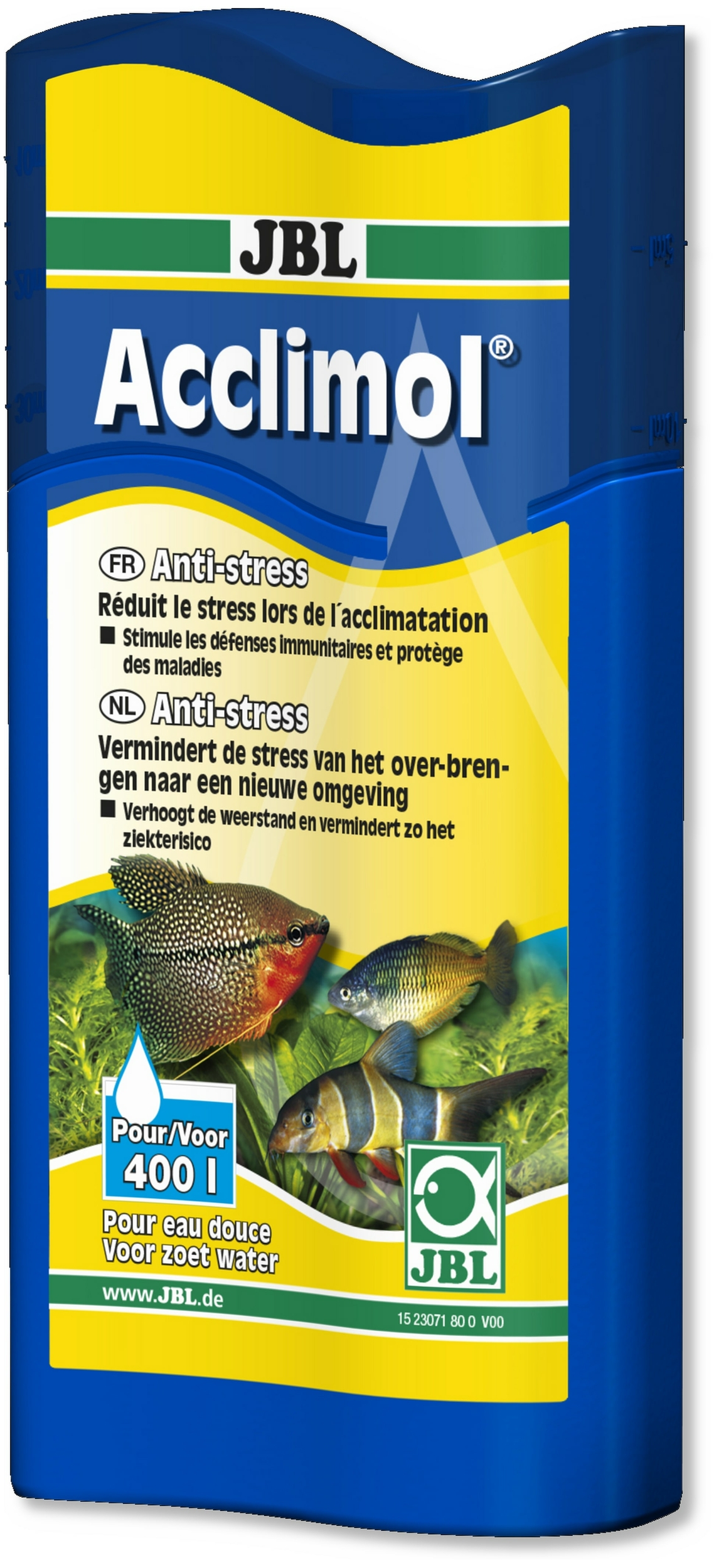 JBL Acclimol 100 ml réducteur de stress pour l\'acclimatation de nouveaux poissons. Traite jusqu\'à 400 L d\'eau
