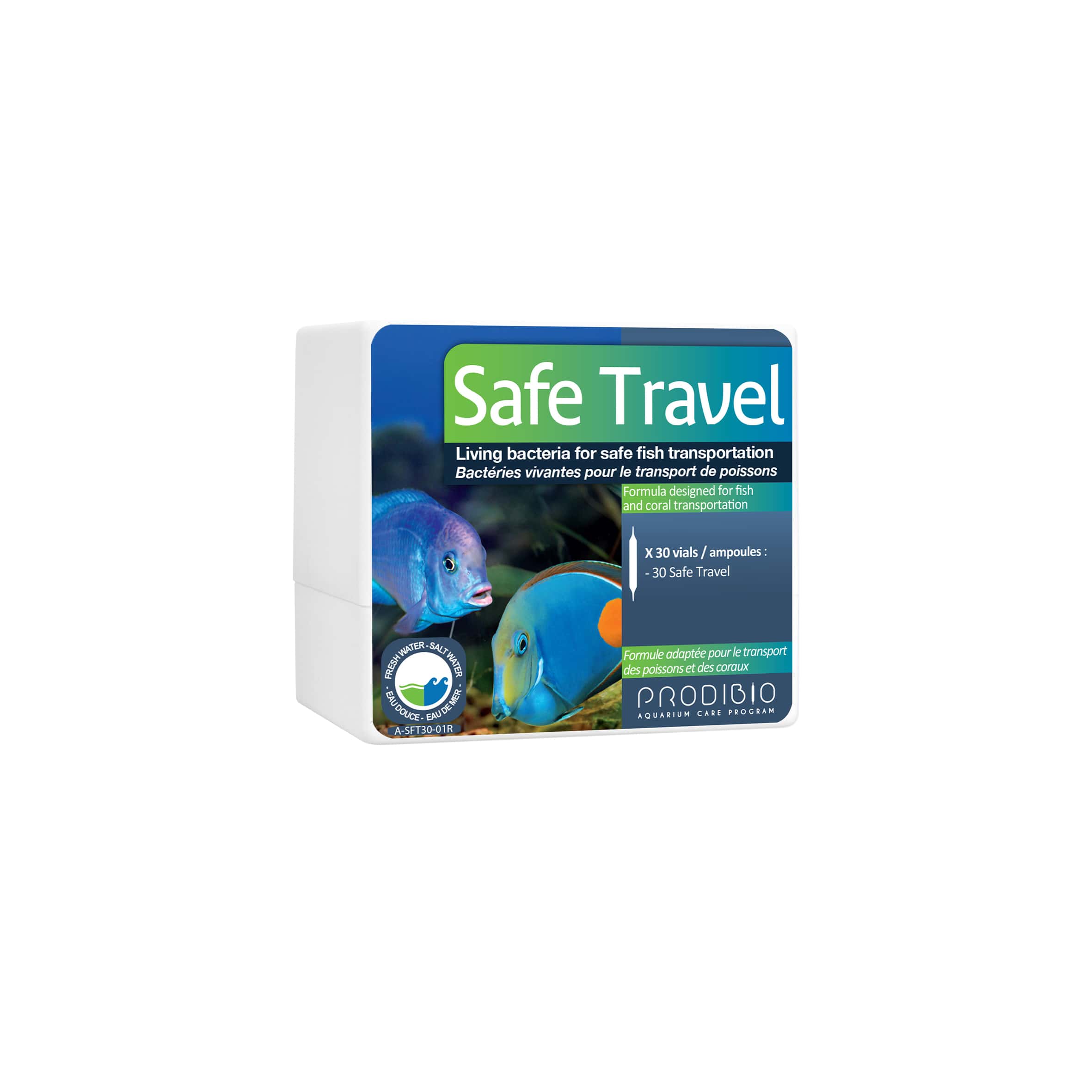 PRODIBIO Safe Travel 30 ampoules réduit le stress des poissons et combat les bactéries durant le transport. Traite jusqu\'à 300 L