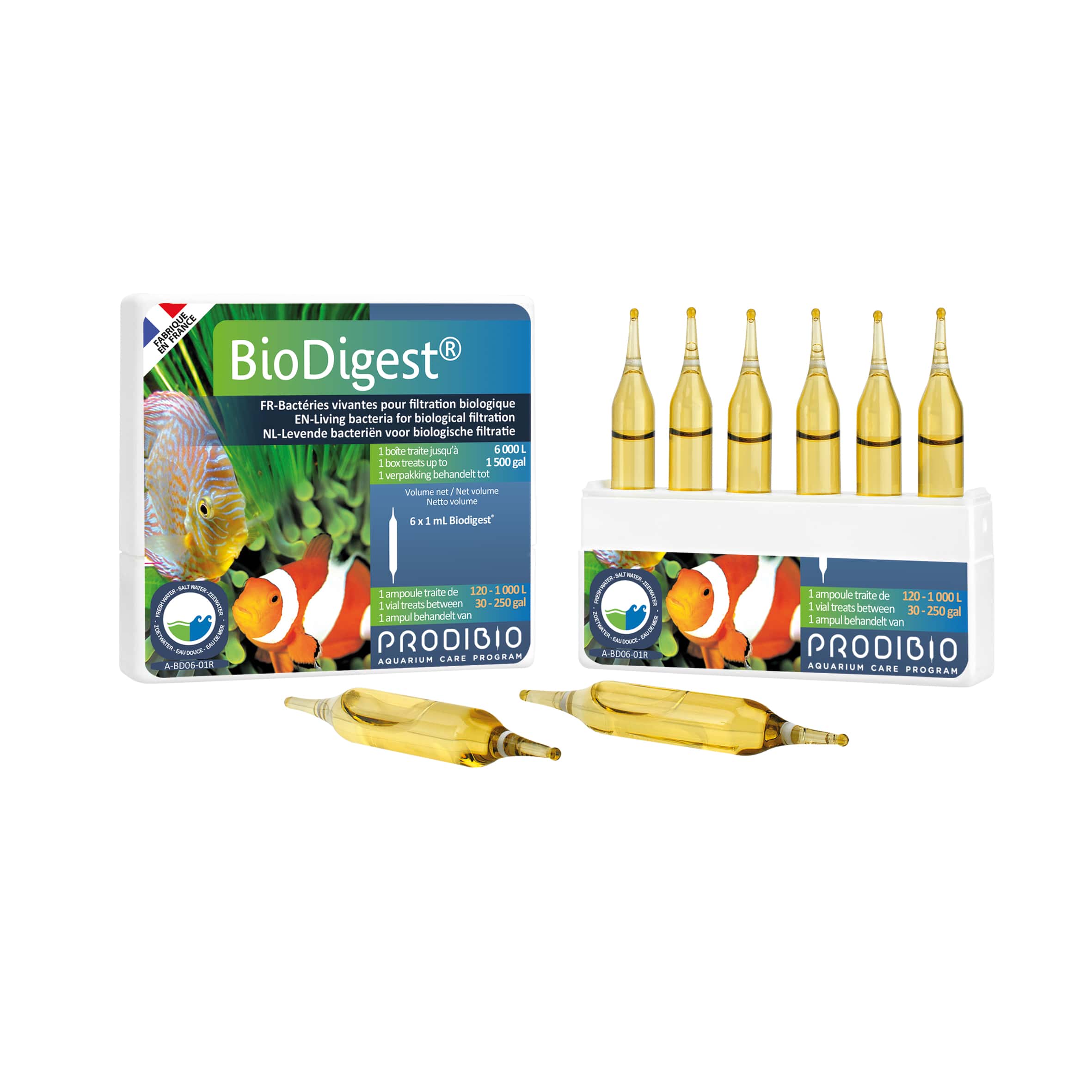 PRODIBIO BioDigest 6 ampoules bactéries dénitrifiantes pour eau douce et eau de mer. Traite jusqu\'à 6000 litres