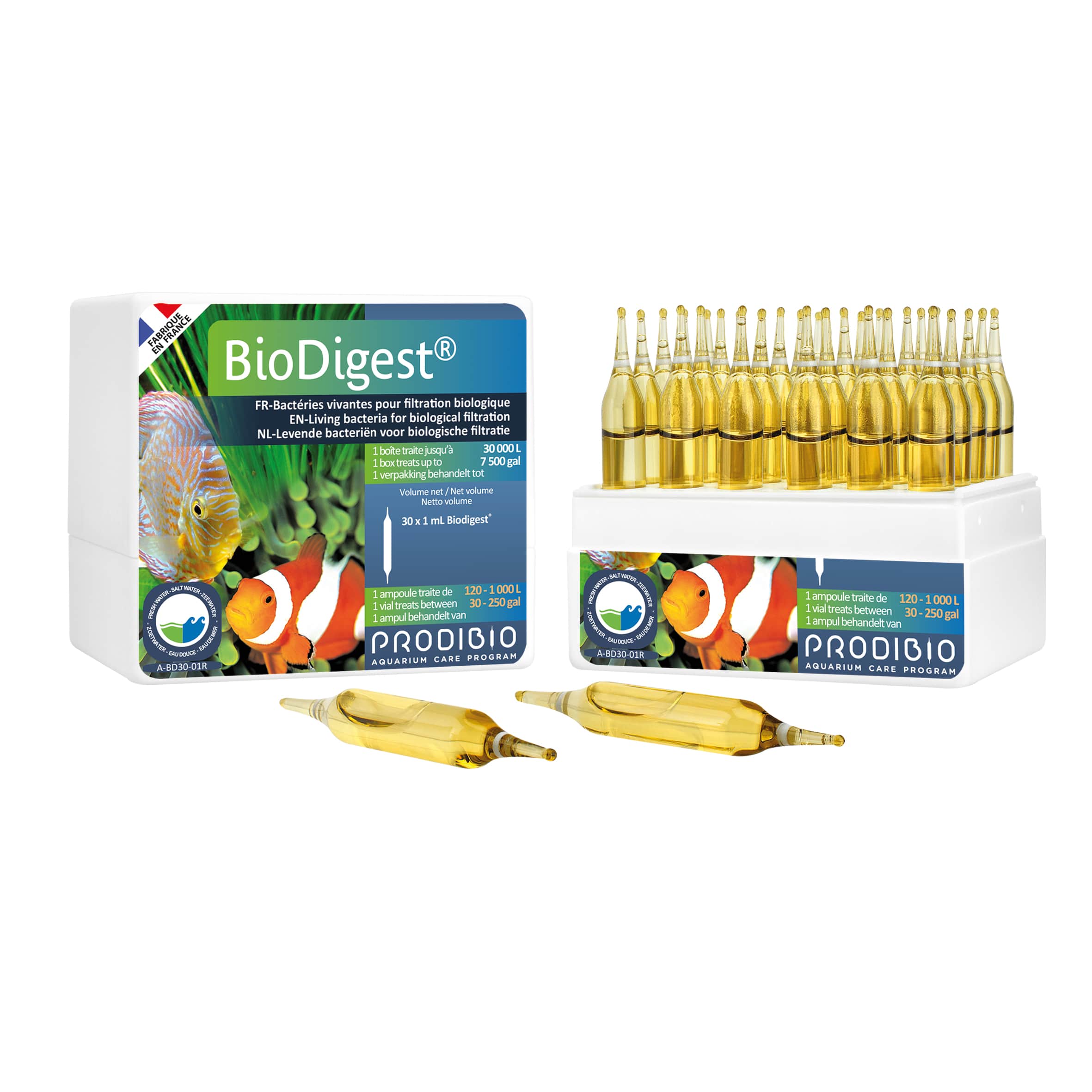 PRODIBIO BioDigest 30 ampoules bactéries dénitrifiantes pour eau douce et eau de mer. Traite jusqu\'à 30000 litres