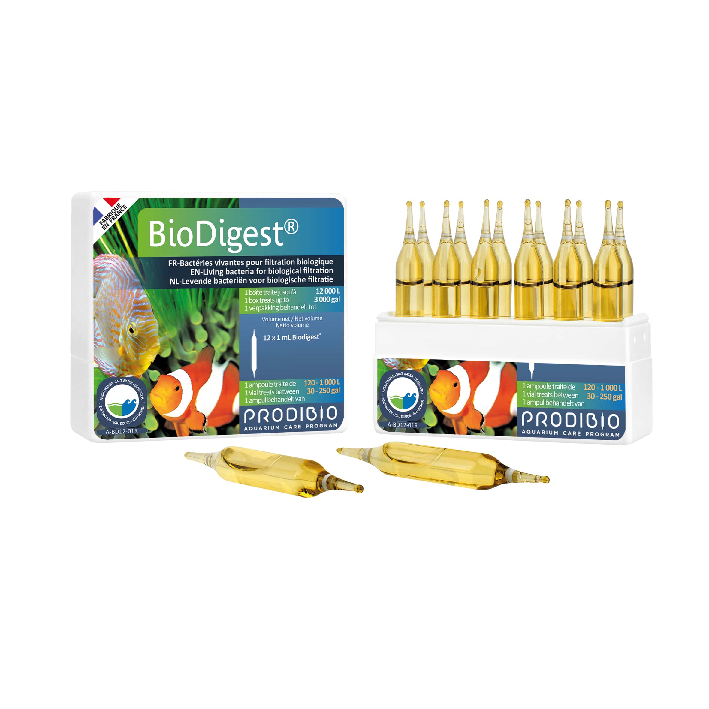 PRODIBIO BioDigest 12 ampoules bactéries dénitrifiantes pour eau douce et eau de mer. Traite jusqu\'à 12000 litres