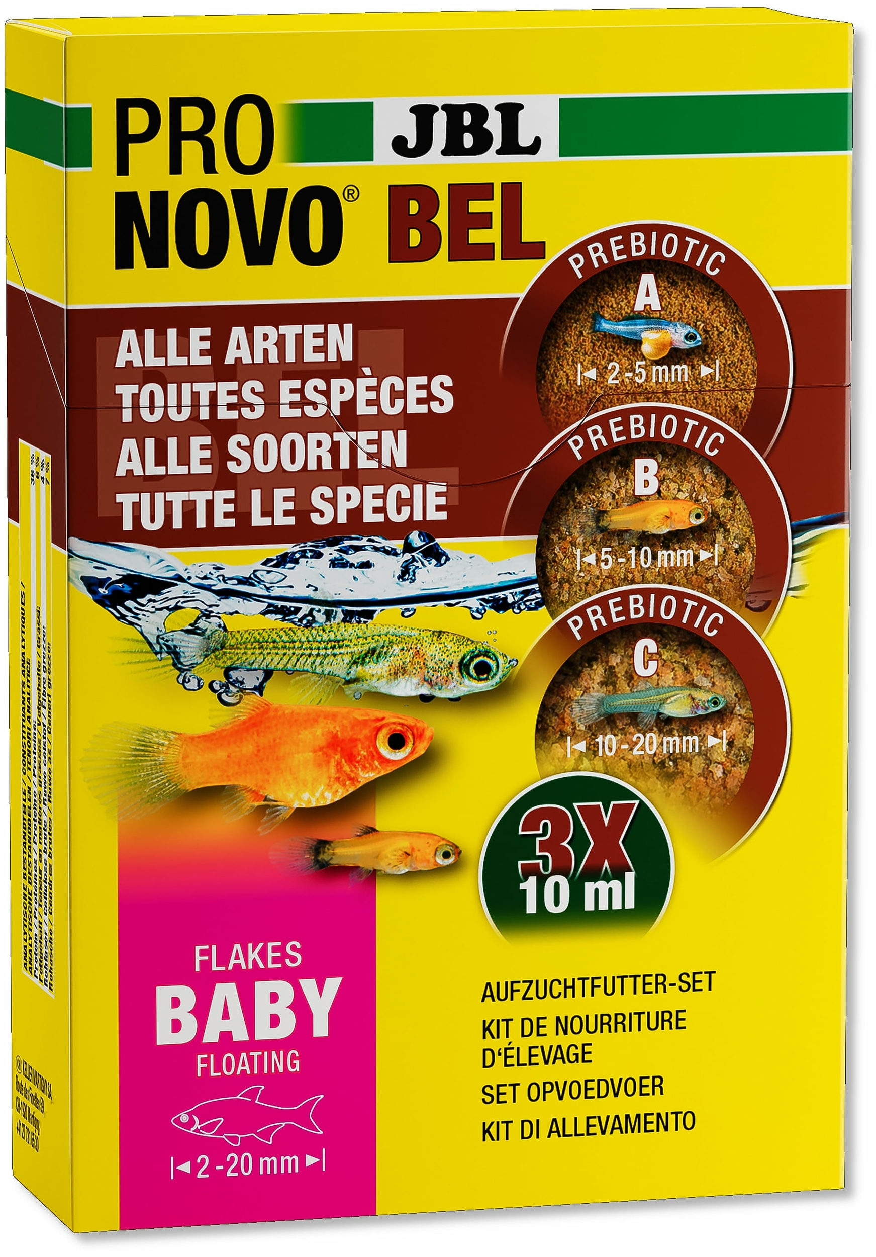 JBL ProNovo Bel Flakes Baby 3 x 10 ml kit de nourriture d\'élevage en flocons pour alevins vivipares de 2 à 20 mm