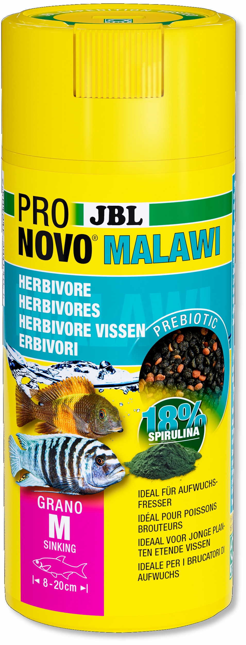 JBL ProNovo Malawi Grano M 250 ml Click nourriture en granulés pour Cichlidés brouteurs d\'algues des lacs Malawi et Tanganyika de 8 à 20 cm