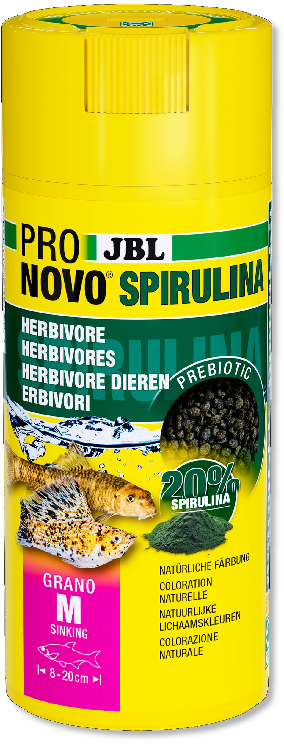 JBL ProNovo Spirulina Grano M 250 ml Click nourriture en granulés à base de spiruline pour tous poissons d\'aquarium de 8 à 20 cm