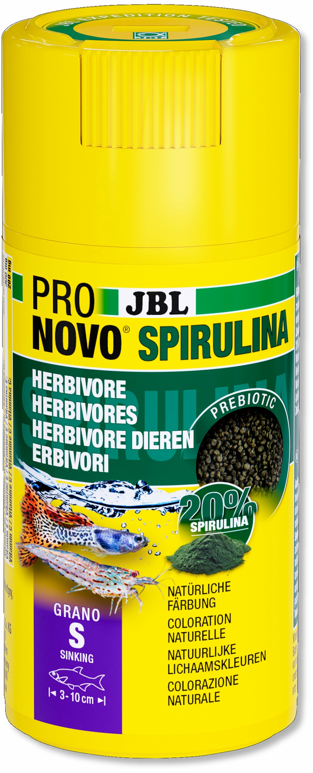 JBL ProNovo Spirulina Grano S 100 ml Click nourriture en granulés à base de spiruline pour tous poissons d\'aquarium de 3 à 10 cm