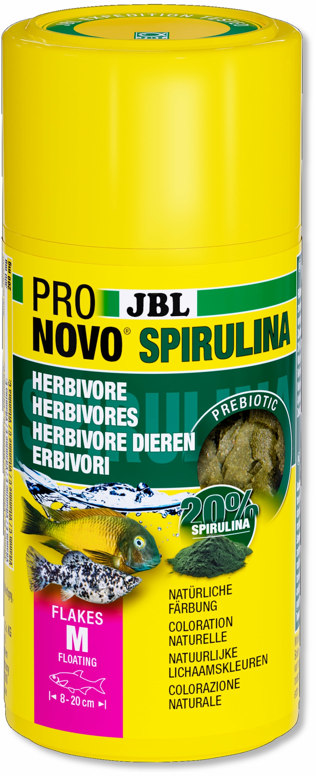 jbl-pronovo-spirulina-flakes-m-100-ml-nourriture-en-flocons-a-base-de-spiruline-pour-tous-poissons-d-aquarium-de-8-a-20-cm