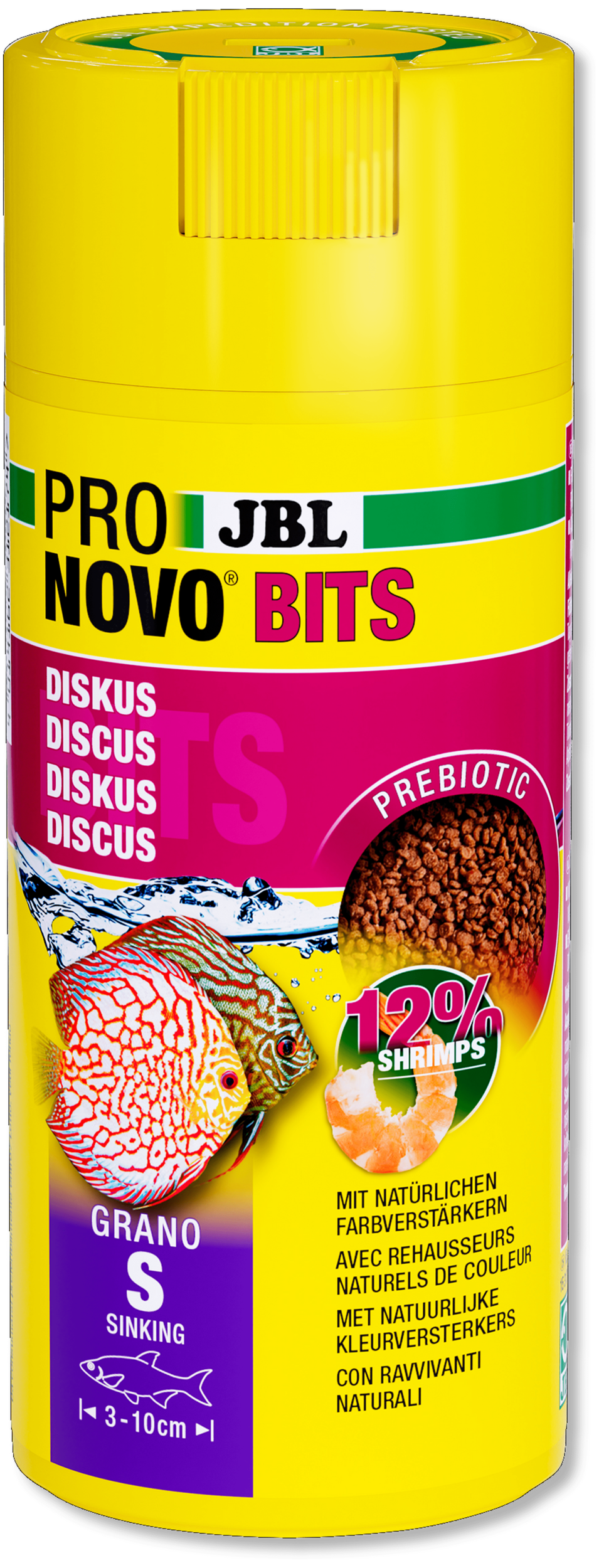JBL ProNovo Bits Grano S 250 ml Click nourriture en granulés pour Discus et autres Cichlidés d\'Amérique du Sud de 3 à 10 cm