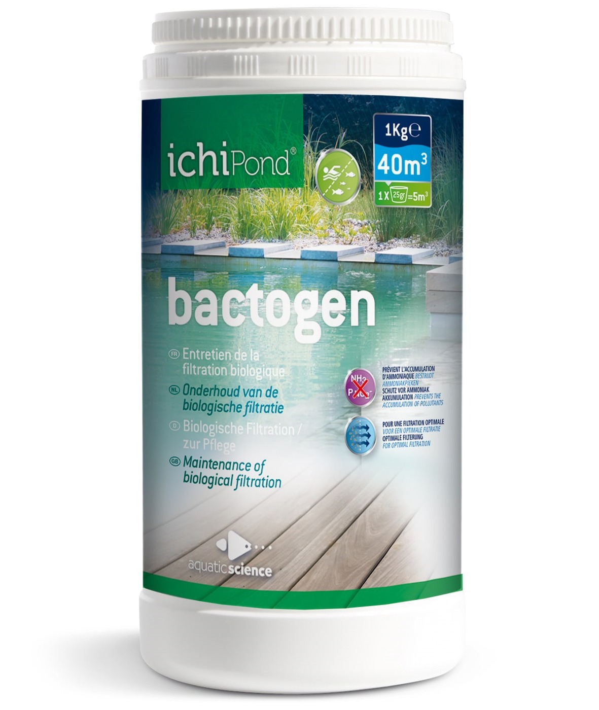 ICHIPOND Bactogen 1 kg 40m3 concentré de bactéries pour filtration avec enzymes, minéraux et oligo-éléments pour bassin jusqu\'à 40 m2