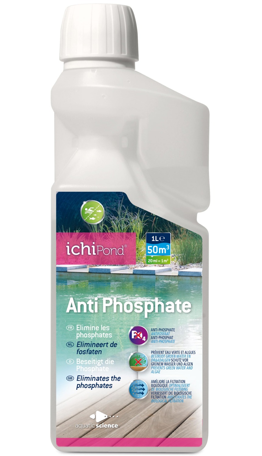 ICHIPOND Anti-Phosphate 1 L élimine les phosphates et prévient les algues et l\'eau verte pour bassin jusqu\'à 50 m3